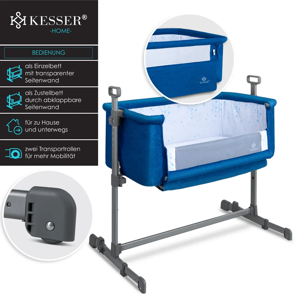 KESSER® Zustellbett Hubi 3in1 Baby Beistellbett Reisebett Babybett Mit Weich Matratze, Mit Rollen Kinderbett, 5-fach Höhenverstellung, Faltbare Seitenwand Für Zu Hause Und Unterwegs, Farbe:Blau 2 KESSER® Zustellbett Hubi 3in1 Baby Beistellbett Reisebett Babybett Mit Weich Matratze, Mit Rollen Kinderbett, 5-fach Höhenverstellung, Faltbare Seitenwand Für Zu Hause Und Unterwegs, Farbe:Blau – Bild 2