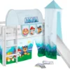 Hochbett JELLE 3054 Weiß Mit Turm, Rutsche & Vorhang Paw Patrol Blau Rutschbett 200x90 Cm