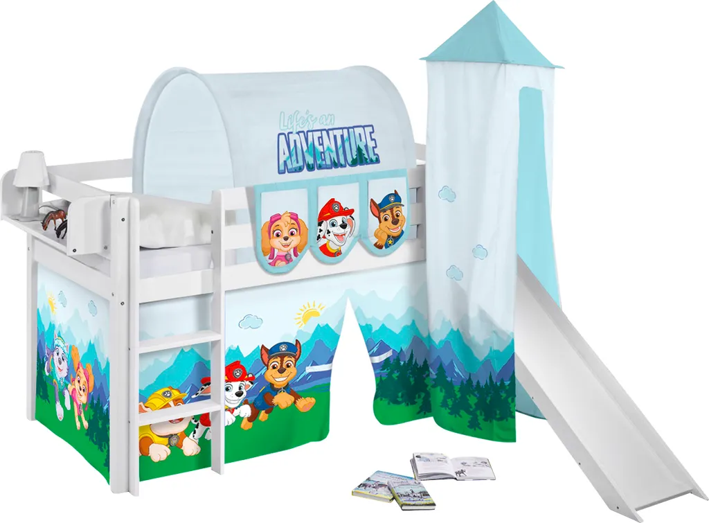 Hochbett JELLE 3054 Weiß Mit Turm, Rutsche & Vorhang Paw Patrol Blau Rutschbett 200x90 Cm 1 Hochbett JELLE 3054 Weiß Mit Turm, Rutsche & Vorhang Paw Patrol Blau Rutschbett 200x90 Cm