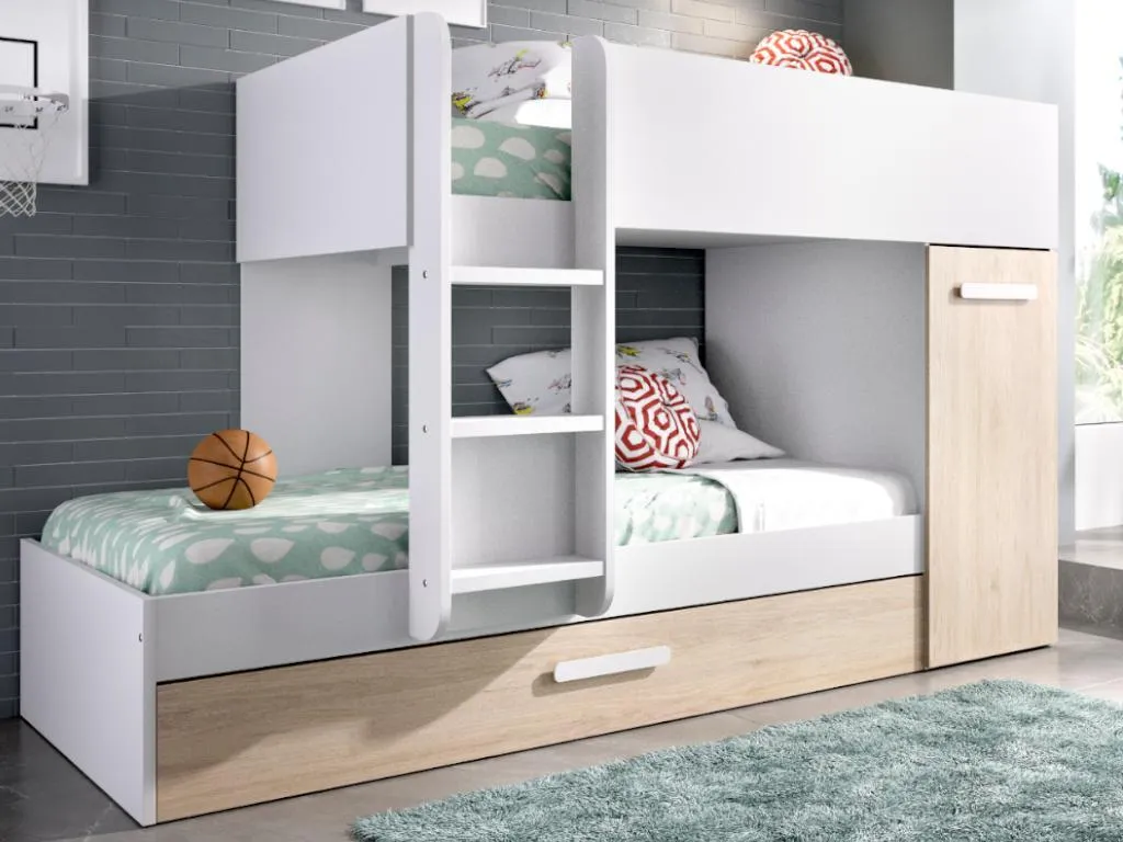 Etagenbett Ausziehbett Mit Stauraum + Matratzen - 3x 90 X 190 Cm - Weiß & Naturfarben - ANTHONY 4 Etagenbett Ausziehbett Mit Stauraum + Matratzen - 3x 90 X 190 Cm - Weiß & Naturfarben - ANTHONY – Bild 4