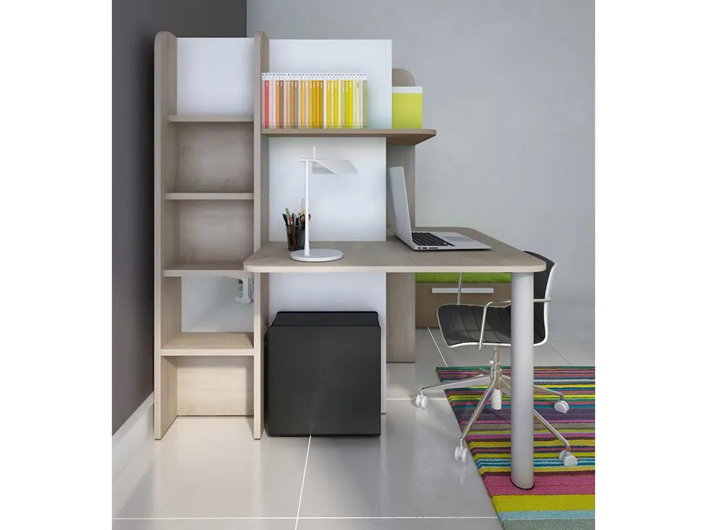 Hochbett 2x 90 X 190 Cm Mit Schreibtisch + Bettboden - Weiß, Naturfarben & Braun - SAMUEL 1 Hochbett 2x 90 X 190 Cm Mit Schreibtisch + Bettboden - Weiß, Naturfarben & Braun - SAMUEL