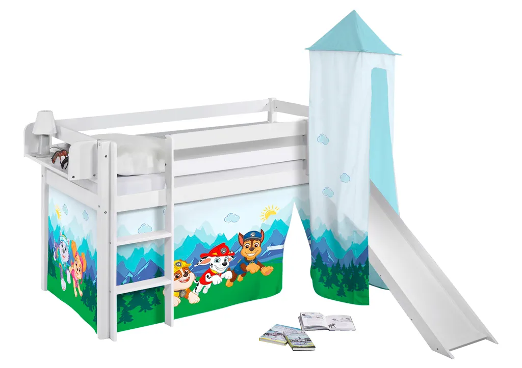 Hochbett JELLE 3054 Weiß Mit Turm, Rutsche & Vorhang Paw Patrol Blau Rutschbett 200x90 Cm 2 Hochbett JELLE 3054 Weiß Mit Turm, Rutsche & Vorhang Paw Patrol Blau Rutschbett 200x90 Cm – Bild 2