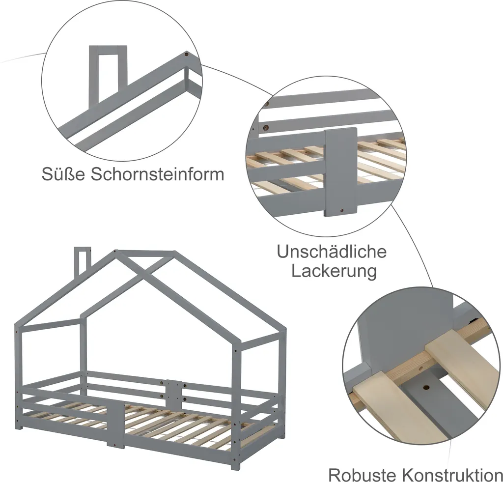 Merax Kinderbett 90 X 200 Cm Hausbett Mit Rausfallschutz Und Schornstein, Robuste Lattenroste, Kinderbetten Aus Kiefernholz, Grau 6 Merax Kinderbett 90 X 200 Cm Hausbett Mit Rausfallschutz Und Schornstein, Robuste Lattenroste, Kinderbetten Aus Kiefernholz, Grau – Bild 6