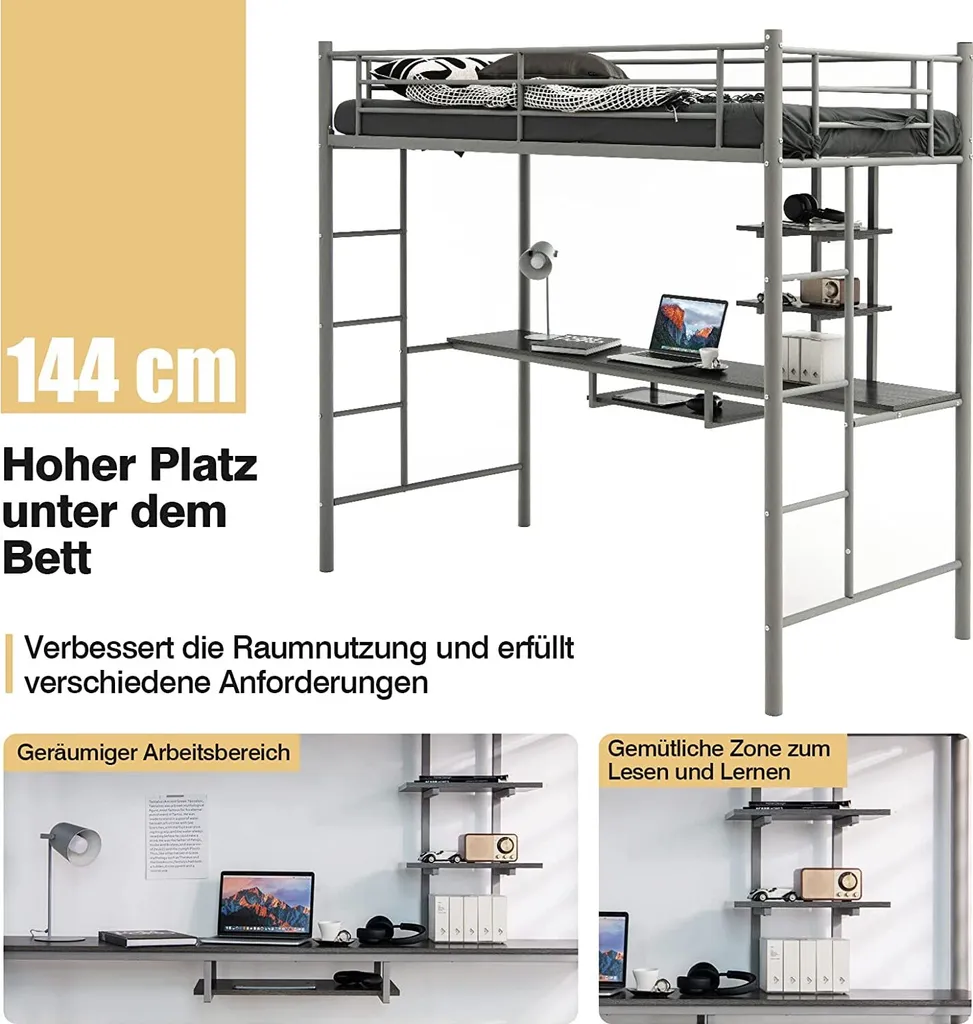 COSTWAY Hochbett Mit Schreibtisch, Etagenbett Mit 2 Leitern, Stockbett Aus Metall, Bettrahmen Für Teenager Und Erwachsene (Silber) 2 COSTWAY Hochbett Mit Schreibtisch, Etagenbett Mit 2 Leitern, Stockbett Aus Metall, Bettrahmen Für Teenager Und Erwachsene (Silber) – Bild 2