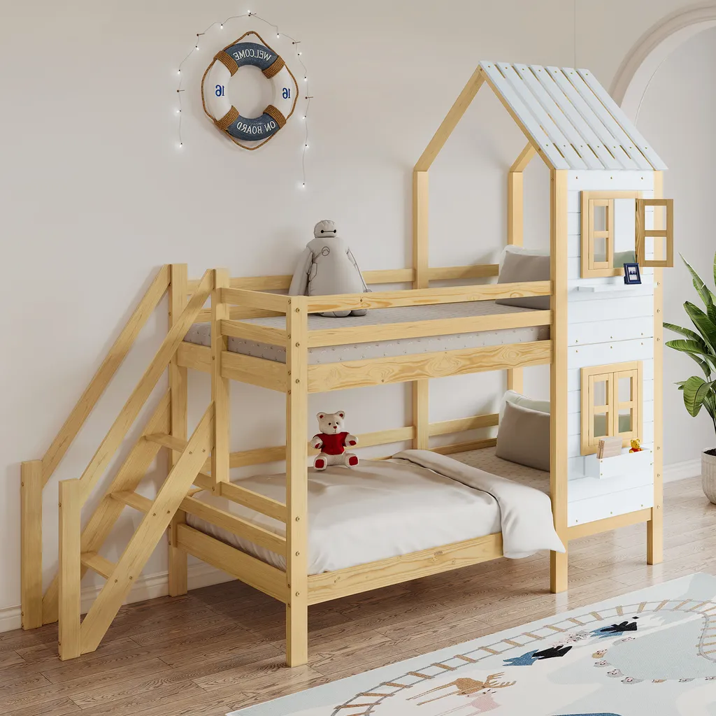 Merax Etagenbett 90x200cm Kinderbett Mit Leiter, Fallschutz Und Lattenrost, Hochbett Stockbett Kiefer Holzbett Hausbett Mit Dach Und Fenster, Weiß/Natur 12 Merax Etagenbett 90x200cm Kinderbett Mit Leiter, Fallschutz Und Lattenrost, Hochbett Stockbett Kiefer Holzbett Hausbett Mit Dach Und Fenster, Weiß/Natur – Bild 12