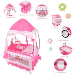 COSTWAY 4 In 1 Reisebett & Wickeltisch & Kinderbett & Laufstall Klappbar, 125x65x76cm, 2 Ebenen Babybett Mit Spielbogen, Musikbox, Wickelauflage, Baldachin Und Transporttasche (Rosa) -Babyfreude Deutschland Verkaufs-Shop 251734cf4e348e19b8cc2eb10a18524d