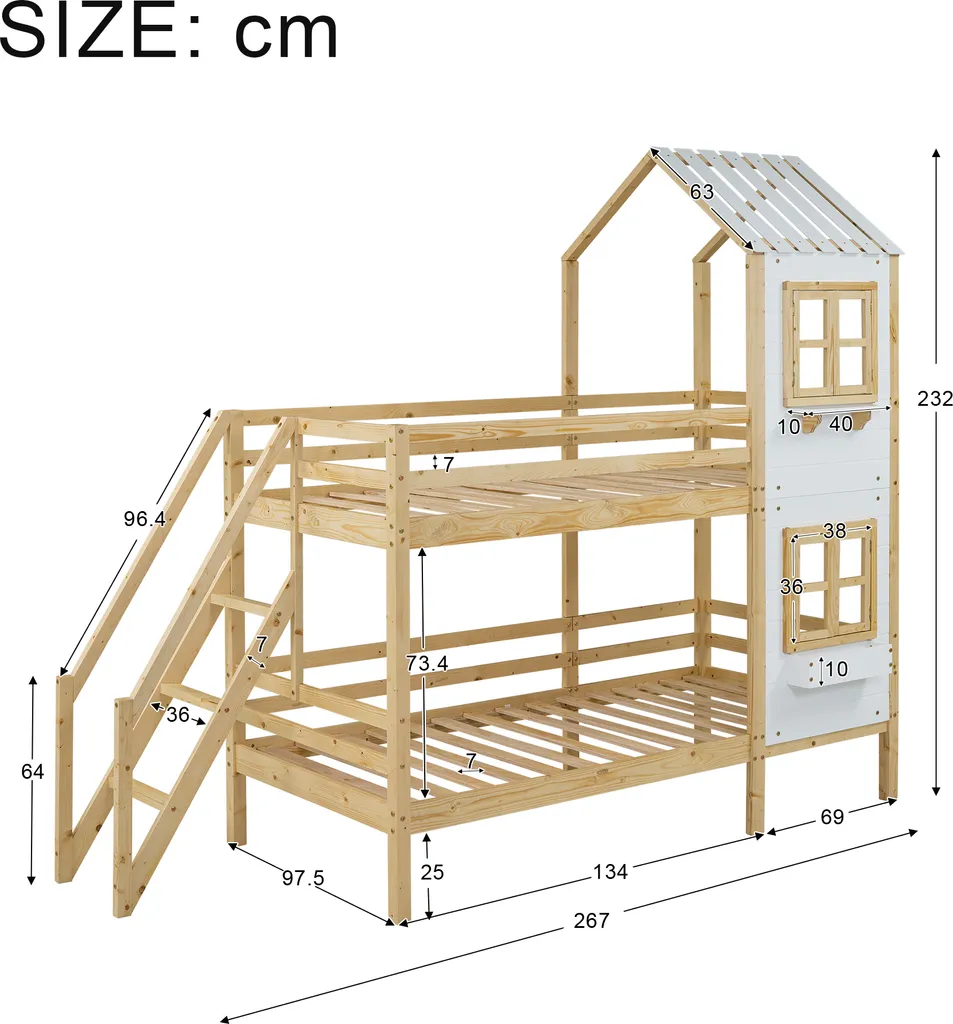 Merax Etagenbett 90x200cm Kinderbett Mit Leiter, Fallschutz Und Lattenrost, Hochbett Stockbett Kiefer Holzbett Hausbett Mit Dach Und Fenster, Weiß/Natur 4 Merax Etagenbett 90x200cm Kinderbett Mit Leiter, Fallschutz Und Lattenrost, Hochbett Stockbett Kiefer Holzbett Hausbett Mit Dach Und Fenster, Weiß/Natur – Bild 4