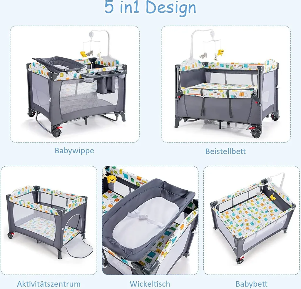 5 In 1 Babybett Mit Matratze, Reisebett Baby Mit Wickeltisch, Spieluhr Und Spielzeug, Laufstall | Beistellbett | Babyschaukel Für Baby Ab Geburt (Grau) 2 5 In 1 Babybett Mit Matratze, Reisebett Baby Mit Wickeltisch, Spieluhr Und Spielzeug, Laufstall | Beistellbett | Babyschaukel Für Baby Ab Geburt (Grau) – Bild 2