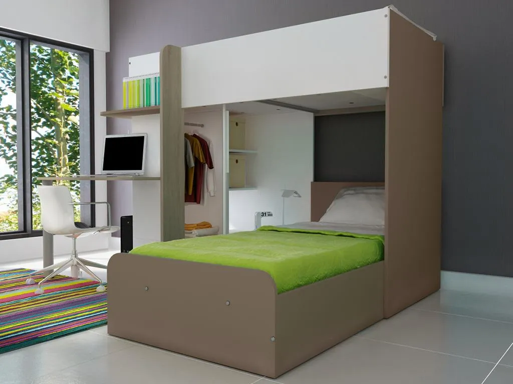 Hochbett 2x 90 X 190 Cm Mit Schreibtisch + Bettboden - Weiß, Naturfarben & Braun - SAMUEL 5 Hochbett 2x 90 X 190 Cm Mit Schreibtisch + Bettboden - Weiß, Naturfarben & Braun - SAMUEL – Bild 5