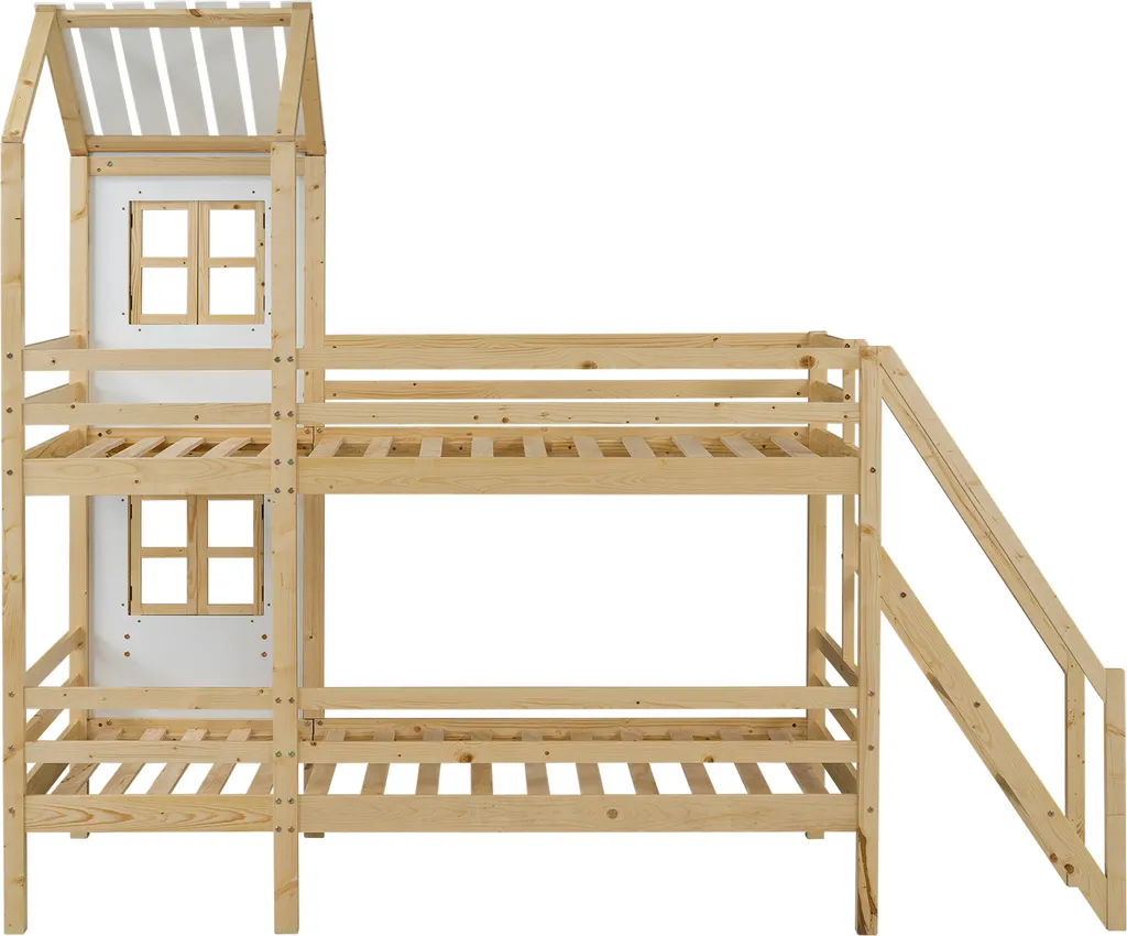 Merax Etagenbett 90x200cm Kinderbett Mit Leiter, Fallschutz Und Lattenrost, Hochbett Stockbett Kiefer Holzbett Hausbett Mit Dach Und Fenster, Weiß/Natur 10 Merax Etagenbett 90x200cm Kinderbett Mit Leiter, Fallschutz Und Lattenrost, Hochbett Stockbett Kiefer Holzbett Hausbett Mit Dach Und Fenster, Weiß/Natur – Bild 10