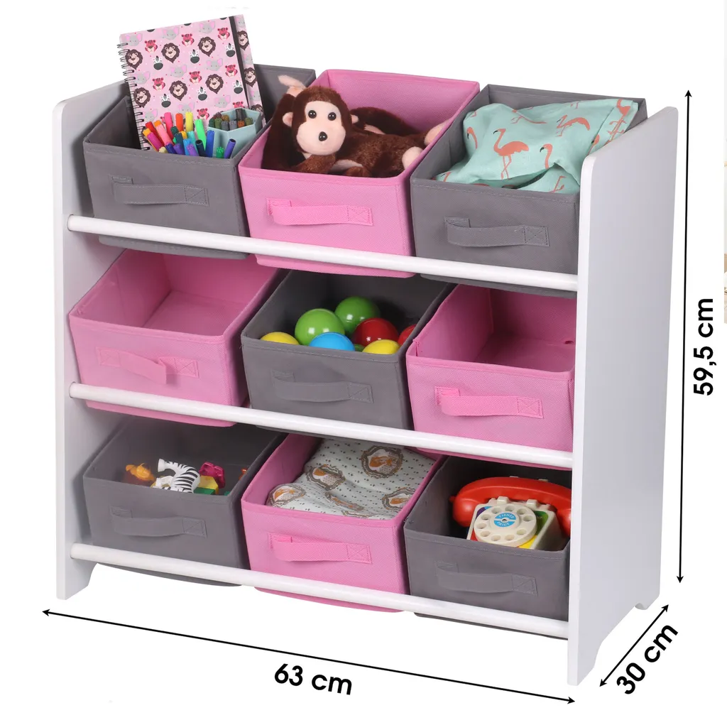 Holz Kinderregal In Weiß Mit Stoffkisten - Rosa / 65 X 60 Cm - Stand Regal In Weiß Mit 3 Etagen Und 9 Boxen 2 Holz Kinderregal In Weiß Mit Stoffkisten - Rosa / 65 X 60 Cm - Stand Regal In Weiß Mit 3 Etagen Und 9 Boxen – Bild 2