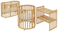 ComfortBaby SmartGrow 7 In 1 Natur Komplett, Kinder-bett Set, Laufgitter, Beistellbett, Bettwäsche Set, Matratze, Wickeltisch, Stühle Und Kindertisch, Farbe:Natur-Stoffe Weiss