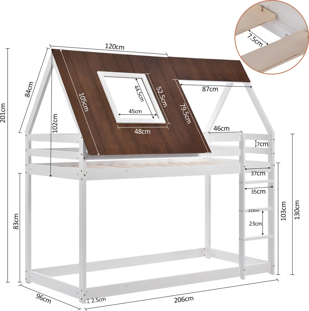 Merax Etagenbett Mit Rechtwinkliger Leiter Und Fallschutz, Dach Und Zäune, Kinderbett 90x200cm Stockbett Hausbett Aus Kiefer, Weiß Und Braun 4 Merax Etagenbett Mit Rechtwinkliger Leiter Und Fallschutz, Dach Und Zäune, Kinderbett 90x200cm Stockbett Hausbett Aus Kiefer, Weiß Und Braun – Bild 4