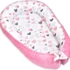 PIMKO Babynest 2seitig Minky Babynestchen Für Baby Kuschelnest Babykokon Für Säuglinge Und Neugeborene Babykissen Für Zuhause 55 X 90 Cm - ROSA Herzen