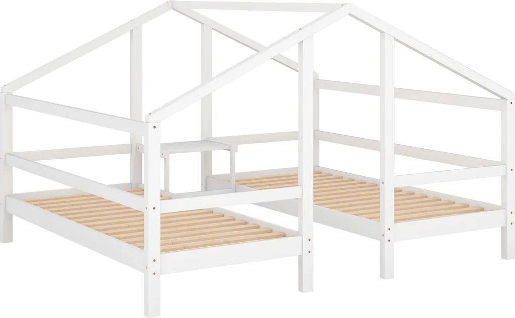 Merax Kinderbett 90x200cm/90x200cm Hausbett Für 2 Kinder Mit Rausfallschutz, Nachttisch Und Lattenrost, Zwei Einzelbetten Jugendbetten Bett Unter Einem Dach, Weiß 5 Merax Kinderbett 90x200cm/90x200cm Hausbett Für 2 Kinder Mit Rausfallschutz, Nachttisch Und Lattenrost, Zwei Einzelbetten Jugendbetten Bett Unter Einem Dach, Weiß – Bild 5