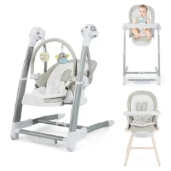 COSTWAY 3 In 1 Babyschaukel & Hochstuhl & Sitzerhöhung, Babywippe Elektrisch Mit 8 Schaukelposition, Timing, Musik & Auto-Schaltfunktion, Babystuhl Klappbar Mit Rädern, 8 Höhenstufen (Grau)