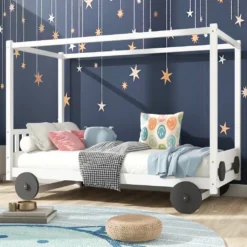 Merax Kinderbett 90x200cm Autobett Mit Lattenrost Und Rädern, Abnehmbarer Rahmen, Rahmen Aus Kiefer, Einzelbett Jungenbett Babybett Für Mädchen Und Jungen, Weiß