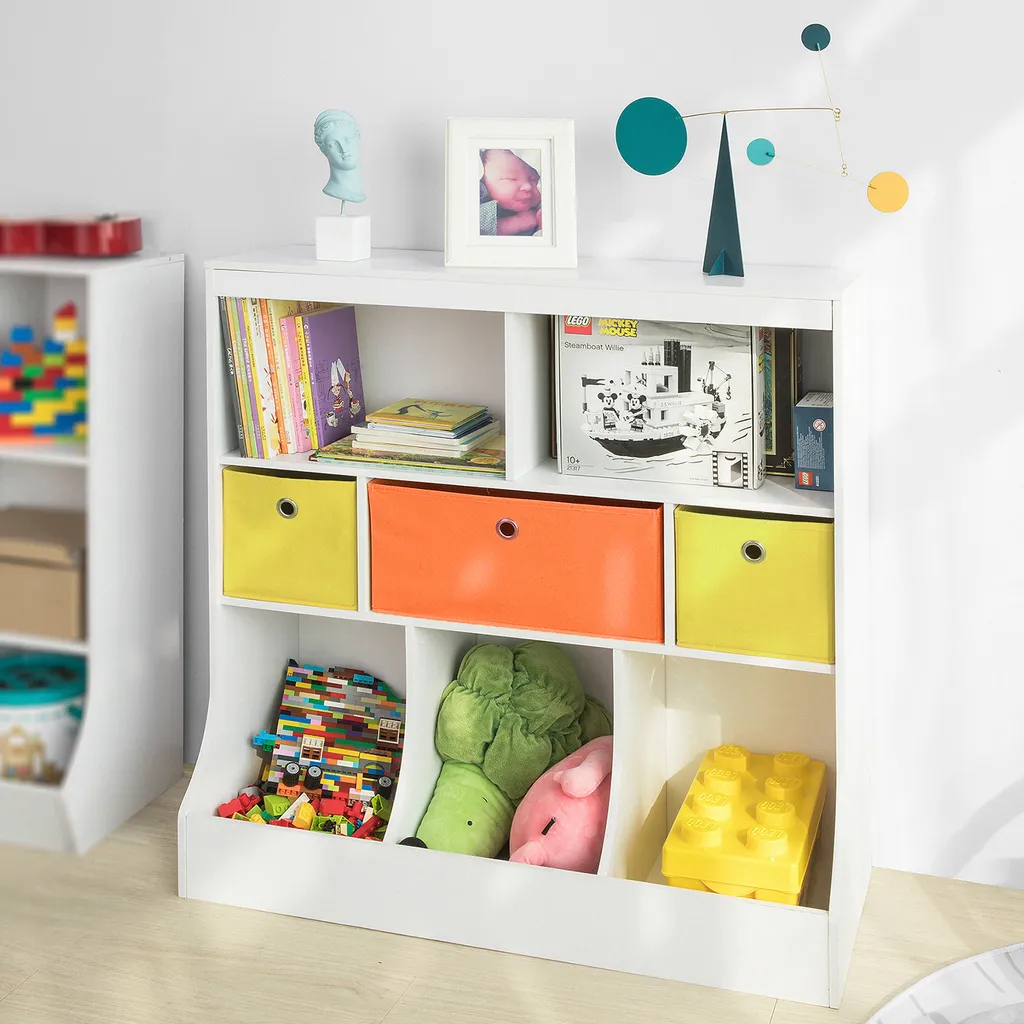 SoBuy KMB26-W Kinder Bücherregal Kinderregal Mit 5 Ablagefächern Und 3 Stoffboxen Spielzeugregal Aufbewahrungsregal Für Kinder Spielzeug-Organizer Weiß 1 SoBuy KMB26-W Kinder Bücherregal Kinderregal Mit 5 Ablagefächern Und 3 Stoffboxen Spielzeugregal Aufbewahrungsregal Für Kinder Spielzeug-Organizer Weiß