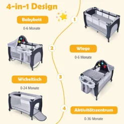 COSTWAY 4 In 1 Klappbares Reisebett & Babywiege & Wickeltisch & Laufstall Mit Schaukelfunktion, Inkl. Spieluhr, Spielbogen, Wickelauflage, Matratze, Windel Organizer Und Tragetasche (Grau) -Babyfreude Deutschland Verkaufs-Shop 4e0c96042c39dfa651a5e6b940b02b95
