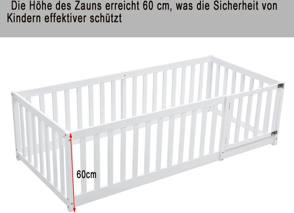 Merax Kinderbett 90x200 Cm Babybett Mit Zaun Und Schutzgitter, Kiefernholz Bodenbett Jugendbett, Weiß 3 Merax Kinderbett 90x200 Cm Babybett Mit Zaun Und Schutzgitter, Kiefernholz Bodenbett Jugendbett, Weiß – Bild 3
