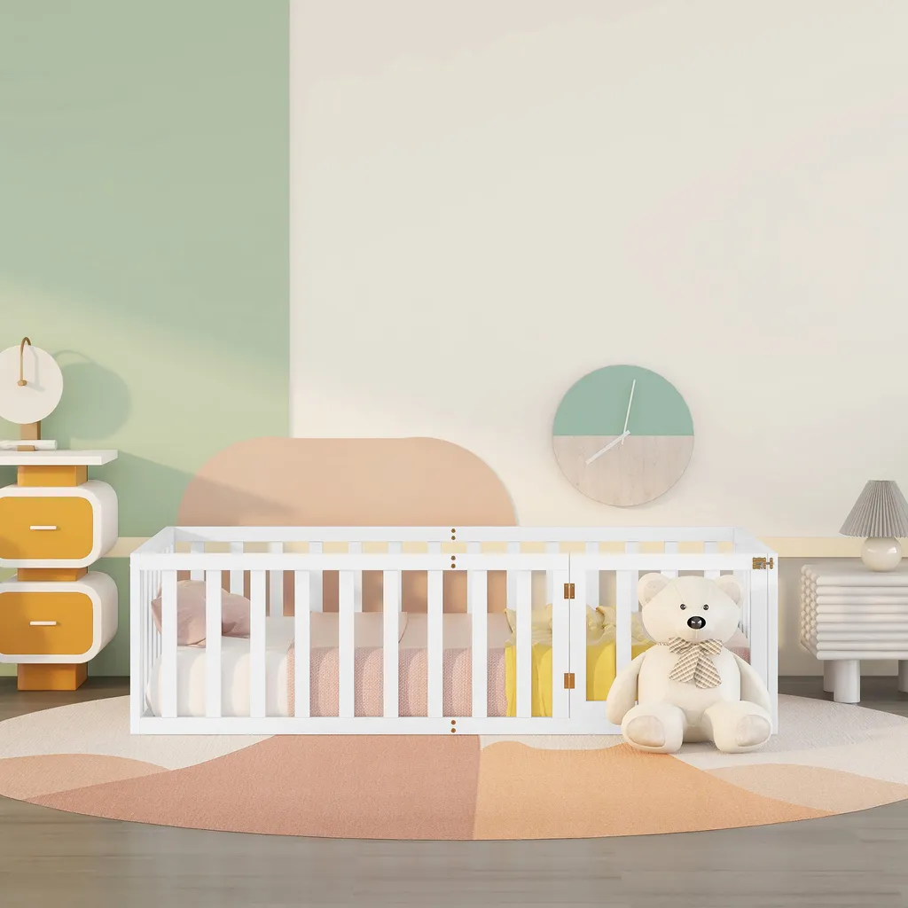 Merax Kinderbett 90x200 Cm Babybett Mit Zaun Und Schutzgitter, Kiefernholz Bodenbett Jugendbett, Weiß 9 Merax Kinderbett 90x200 Cm Babybett Mit Zaun Und Schutzgitter, Kiefernholz Bodenbett Jugendbett, Weiß – Bild 9