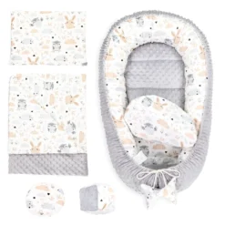 Babynestchen Set Neugeborene 90x50 Cm Minky - Kuschelnest Baby Nestchen 5-teilig Kokon Eule Hellgrau