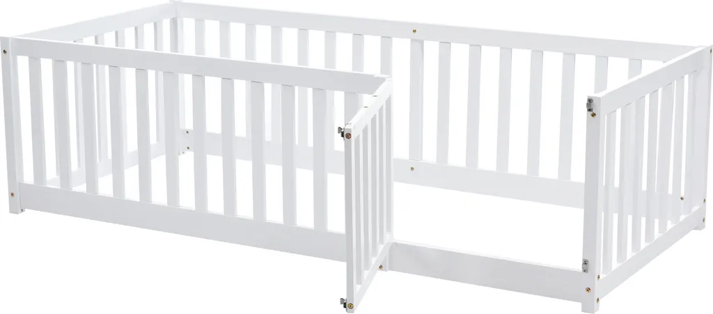 Merax Kinderbett 90x200 Cm Babybett Mit Zaun Und Schutzgitter, Kiefernholz Bodenbett Jugendbett, Weiß 5 Merax Kinderbett 90x200 Cm Babybett Mit Zaun Und Schutzgitter, Kiefernholz Bodenbett Jugendbett, Weiß – Bild 5