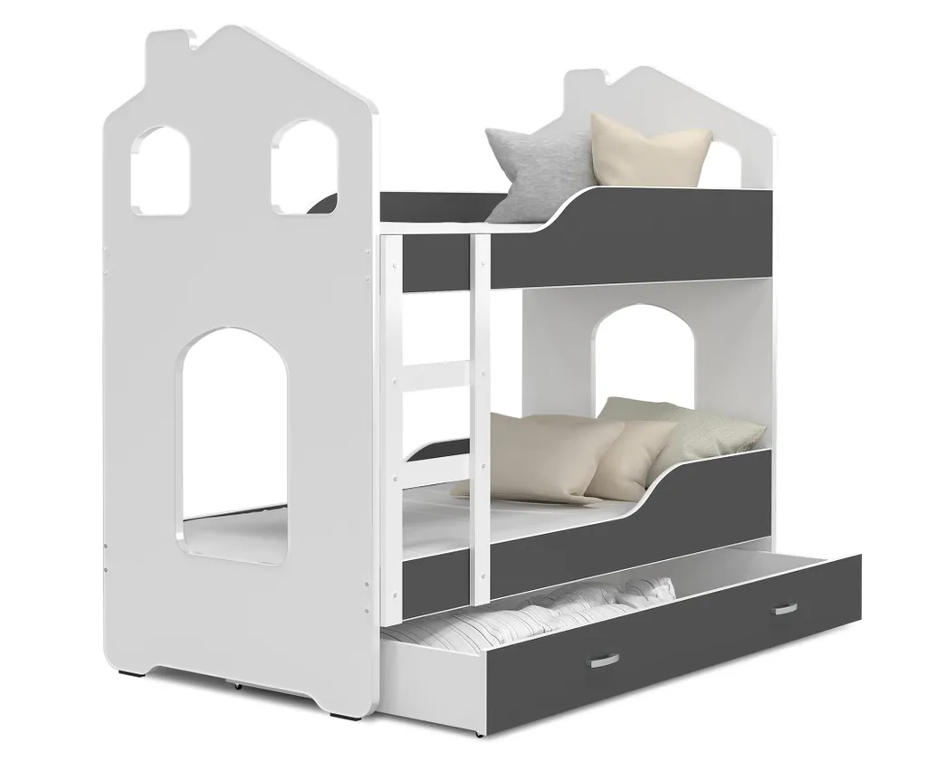 FURNIX Etagenbett In Hausform DERSI 80x160 Mit Schublade Und Matratzen Weiß-Grau 2 FURNIX Etagenbett In Hausform DERSI 80x160 Mit Schublade Und Matratzen Weiß-Grau – Bild 2