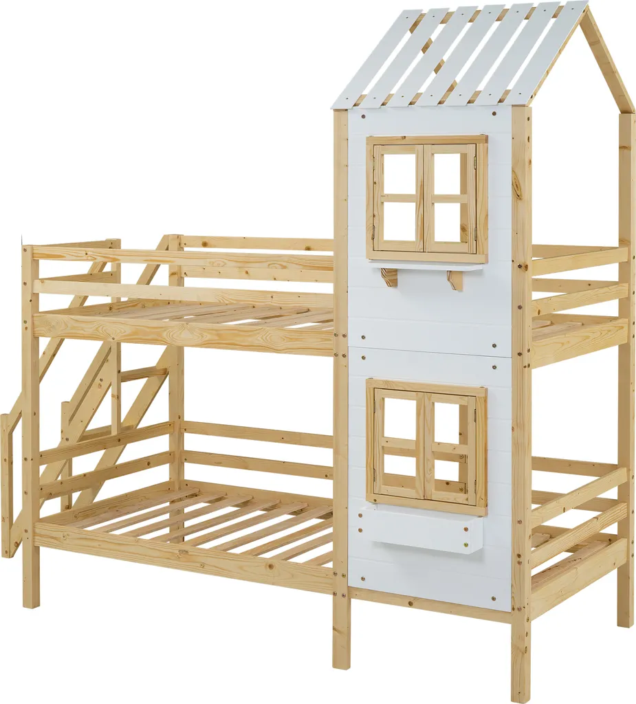 Merax Etagenbett 90x200cm Kinderbett Mit Leiter, Fallschutz Und Lattenrost, Hochbett Stockbett Kiefer Holzbett Hausbett Mit Dach Und Fenster, Weiß/Natur 11 Merax Etagenbett 90x200cm Kinderbett Mit Leiter, Fallschutz Und Lattenrost, Hochbett Stockbett Kiefer Holzbett Hausbett Mit Dach Und Fenster, Weiß/Natur – Bild 11