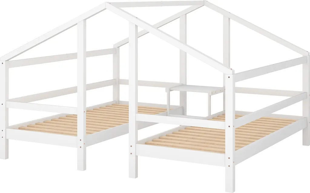 Merax Kinderbett 90x200cm/90x200cm Hausbett Für 2 Kinder Mit Rausfallschutz, Nachttisch Und Lattenrost, Zwei Einzelbetten Jugendbetten Bett Unter Einem Dach, Weiß 4 Merax Kinderbett 90x200cm/90x200cm Hausbett Für 2 Kinder Mit Rausfallschutz, Nachttisch Und Lattenrost, Zwei Einzelbetten Jugendbetten Bett Unter Einem Dach, Weiß – Bild 4