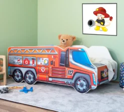 Alcube® Autobett 70x140 Cm LKW Feuerwehr Mit Matratze Und Lattenrost Kinderbett 70x140 TRUCK Spielbett Massivholzbett Rot
