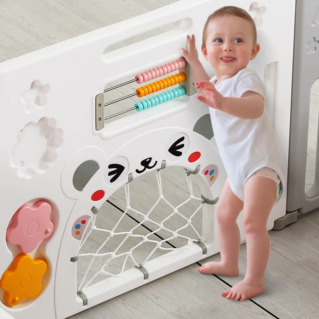 Dripex Laufgitter Laufstall Baby Absperrgitter 14-Paneele Schutzgitter Krabbelgitter Für Kinder Aus Kunststoff Mit Tür Und Spielzeugboard-Grau-Weiß 8 Dripex Laufgitter Laufstall Baby Absperrgitter 14-Paneele Schutzgitter Krabbelgitter Für Kinder Aus Kunststoff Mit Tür Und Spielzeugboard-Grau-Weiß – Bild 8
