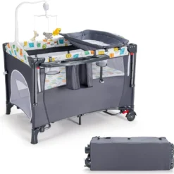 5 In 1 Babybett Mit Matratze, Reisebett Baby Mit Wickeltisch, Spieluhr Und Spielzeug, Laufstall | Beistellbett | Babyschaukel Für Baby Ab Geburt (Grau)