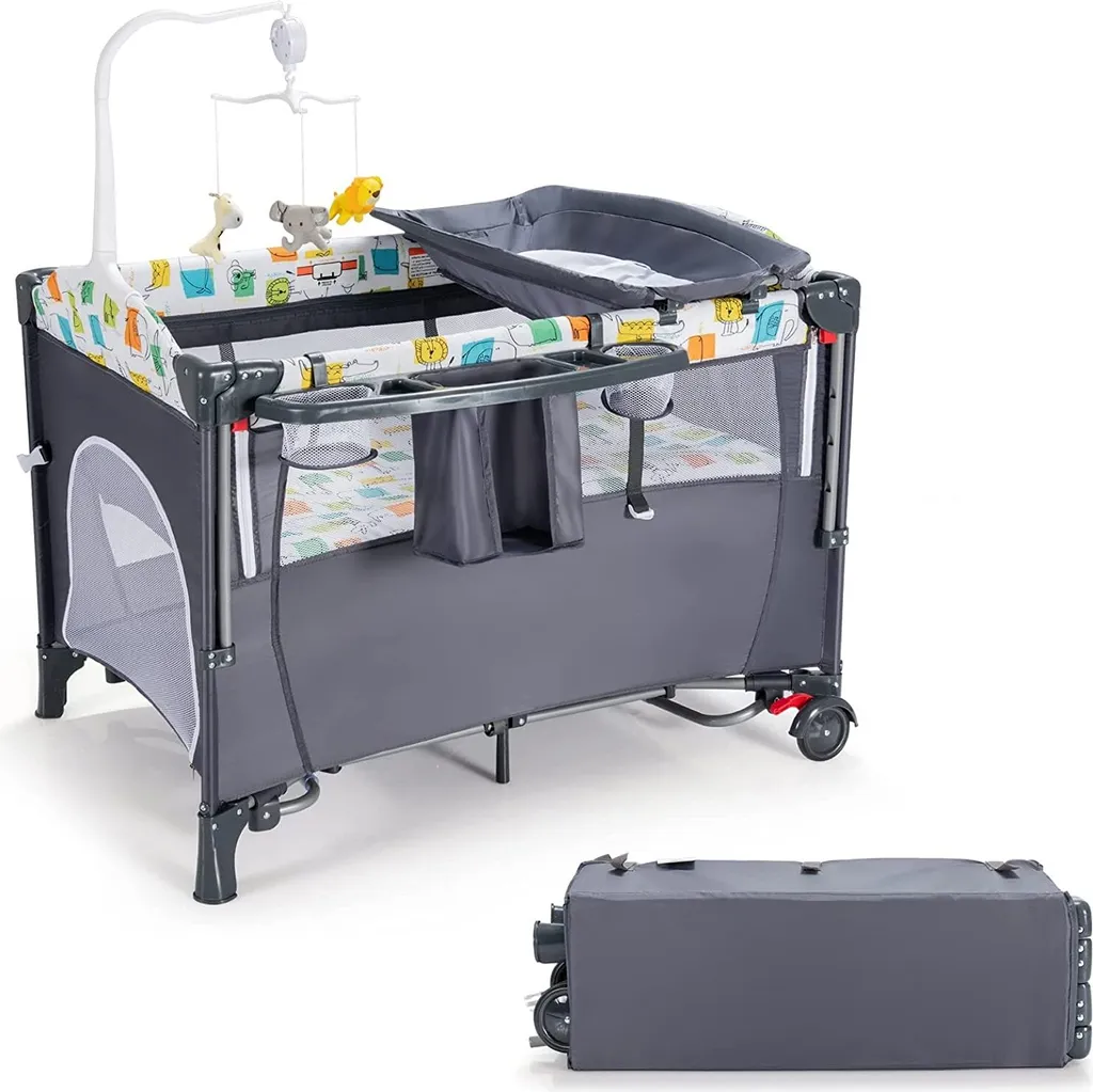 5 In 1 Babybett Mit Matratze, Reisebett Baby Mit Wickeltisch, Spieluhr Und Spielzeug, Laufstall | Beistellbett | Babyschaukel Für Baby Ab Geburt (Grau) 1 5 In 1 Babybett Mit Matratze, Reisebett Baby Mit Wickeltisch, Spieluhr Und Spielzeug, Laufstall | Beistellbett | Babyschaukel Für Baby Ab Geburt (Grau)