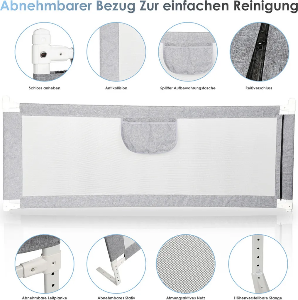 Lospitch Bettgitter 180*80 Cm Bettschutzgitter Kinderbettgitter Für Kinder Babybettgitter Höhenverstellbar Klappbar Passend Für Kinderbetten, Elternbetten Anti-Fall Für Baby Kinder - Grau Schutzgitter-Zubehör 4 Lospitch Bettgitter 180*80 Cm Bettschutzgitter Kinderbettgitter Für Kinder Babybettgitter Höhenverstellbar Klappbar Passend Für Kinderbetten, Elternbetten Anti-Fall Für Baby Kinder - Grau Schutzgitter-Zubehör – Bild 4