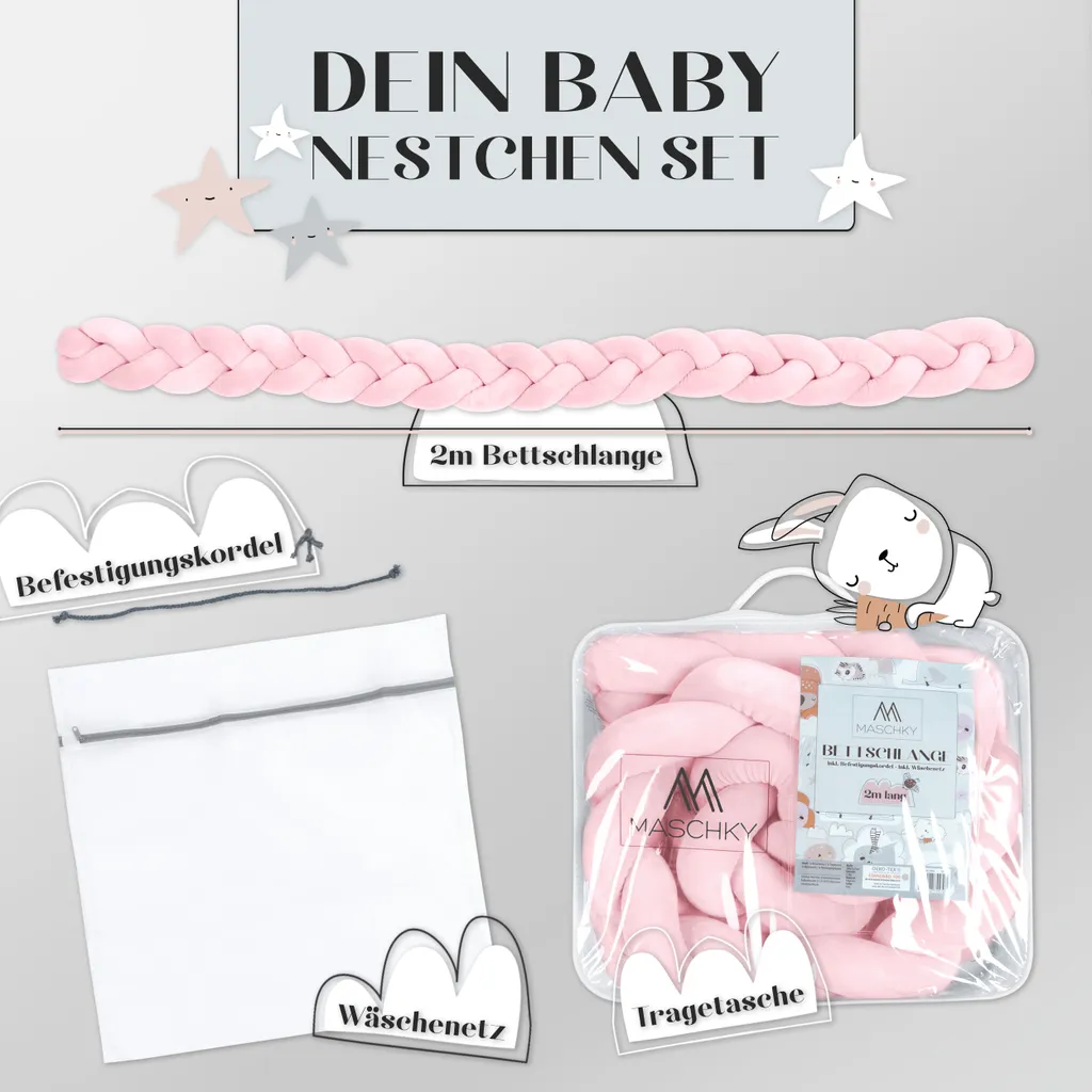 MASCHKY | Bettschlange Geflochten – Bettumrandung Babybett 2m Rosa – Weiches Nestchen Baby + Wäschenetz – Babybett Umrandungen + Tragetasche 2 MASCHKY | Bettschlange Geflochten – Bettumrandung Babybett 2m Rosa – Weiches Nestchen Baby + Wäschenetz – Babybett Umrandungen + Tragetasche – Bild 2
