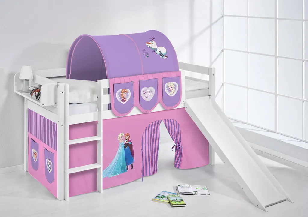 Hochbett JELLE 190x90cm In Weiss Mit RUTSCHE Und Lila FROZEN / Eiskönigin / Anna & Elsa Vorhang. Kinderbett & Spielbett Von LILOKIDS 1 Hochbett JELLE 190x90cm In Weiss Mit RUTSCHE Und Lila FROZEN / Eiskönigin / Anna & Elsa Vorhang. Kinderbett & Spielbett Von LILOKIDS