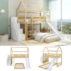 Merax Etagenbett 90x200cm Kinderbett Mit Rutsche, Treppe Mit Stauraum, Fallschutz Und Handlauf, Hausbett Aus Massivholz In Natur Und Weiß, 2 Einzelbetten Stockbett Für Kinderzimmer -Babyfreude Deutschland Verkaufs-Shop 71a42bde1240b813d7441035256a787d