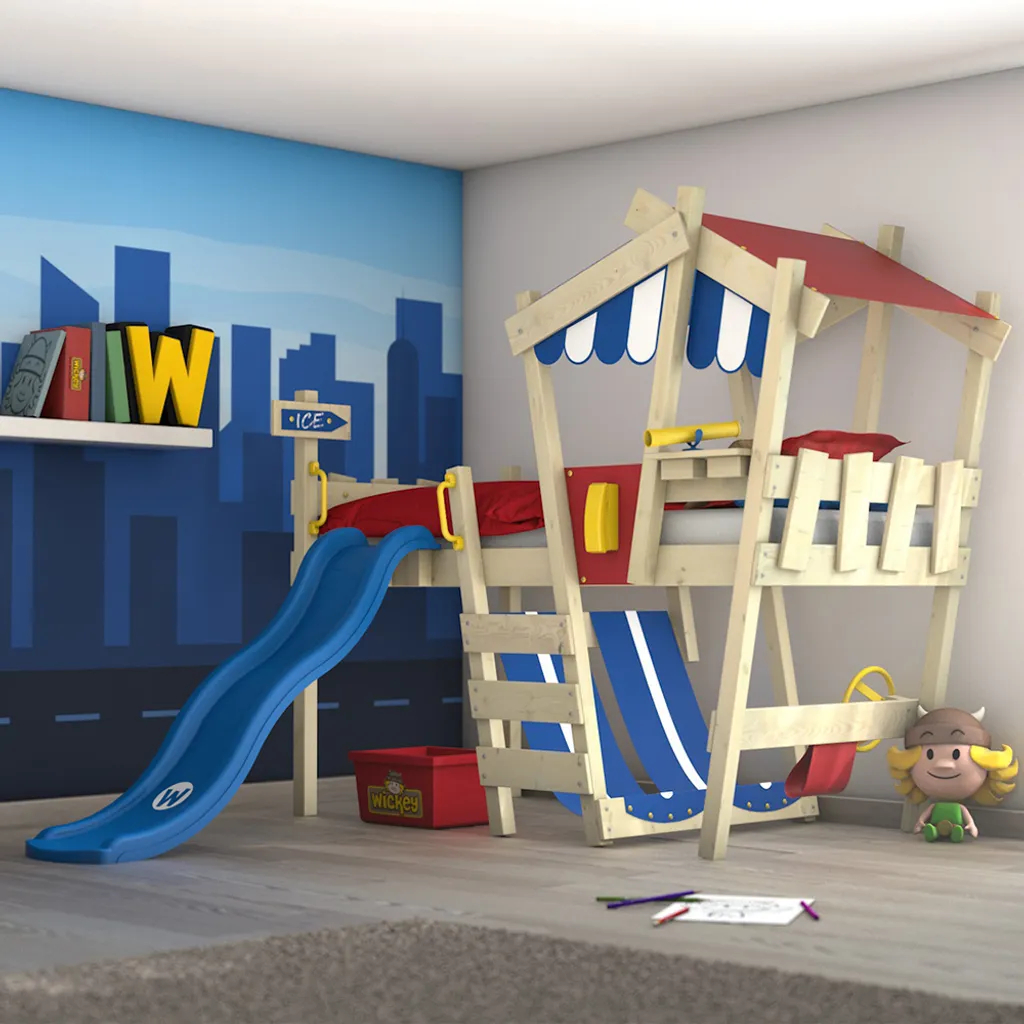 WICKEY Kinderbett Hochbett CrAzY Hutty Mit Rutsche Hausbett 90 X 200 Cm, Etagenbett - Blau 5 WICKEY Kinderbett Hochbett CrAzY Hutty Mit Rutsche Hausbett 90 X 200 Cm, Etagenbett - Blau – Bild 5