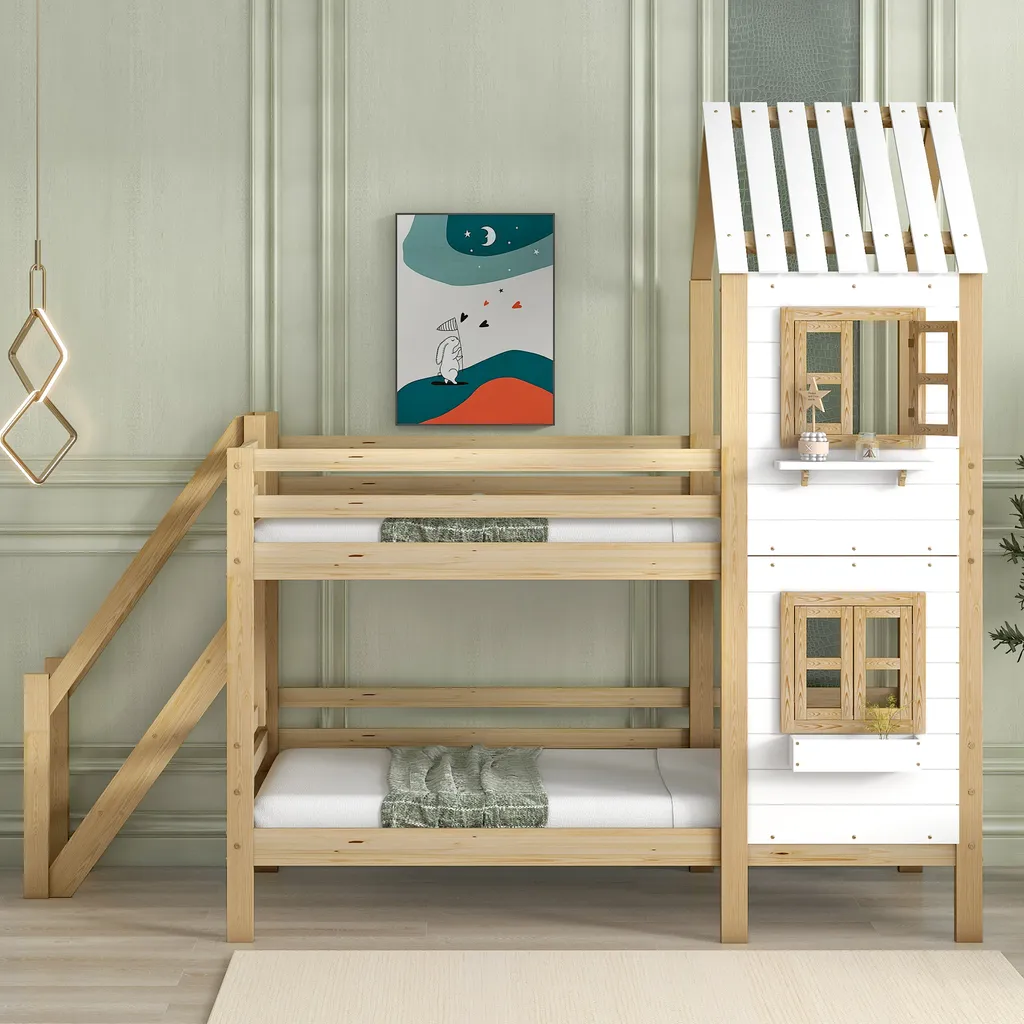 Merax Etagenbett 90x200cm Kinderbett Mit Leiter, Fallschutz Und Lattenrost, Hochbett Stockbett Kiefer Holzbett Hausbett Mit Dach Und Fenster, Weiß/Natur 2 Merax Etagenbett 90x200cm Kinderbett Mit Leiter, Fallschutz Und Lattenrost, Hochbett Stockbett Kiefer Holzbett Hausbett Mit Dach Und Fenster, Weiß/Natur – Bild 2