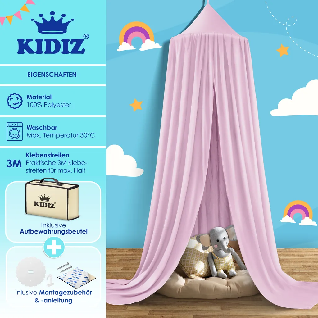 KIDIZ® Baldachin Kinderzimmer Betthimmel Babybett Für Schlafzimmer Inkl. Aufbewahrungstasche | Ohne Bohren | Saumlänge Ca. 270cm | Moskitonetz Insektenschutz Kinder Spielzelte, Farbe:Rosa 3 KIDIZ® Baldachin Kinderzimmer Betthimmel Babybett Für Schlafzimmer Inkl. Aufbewahrungstasche | Ohne Bohren | Saumlänge Ca. 270cm | Moskitonetz Insektenschutz Kinder Spielzelte, Farbe:Rosa – Bild 3