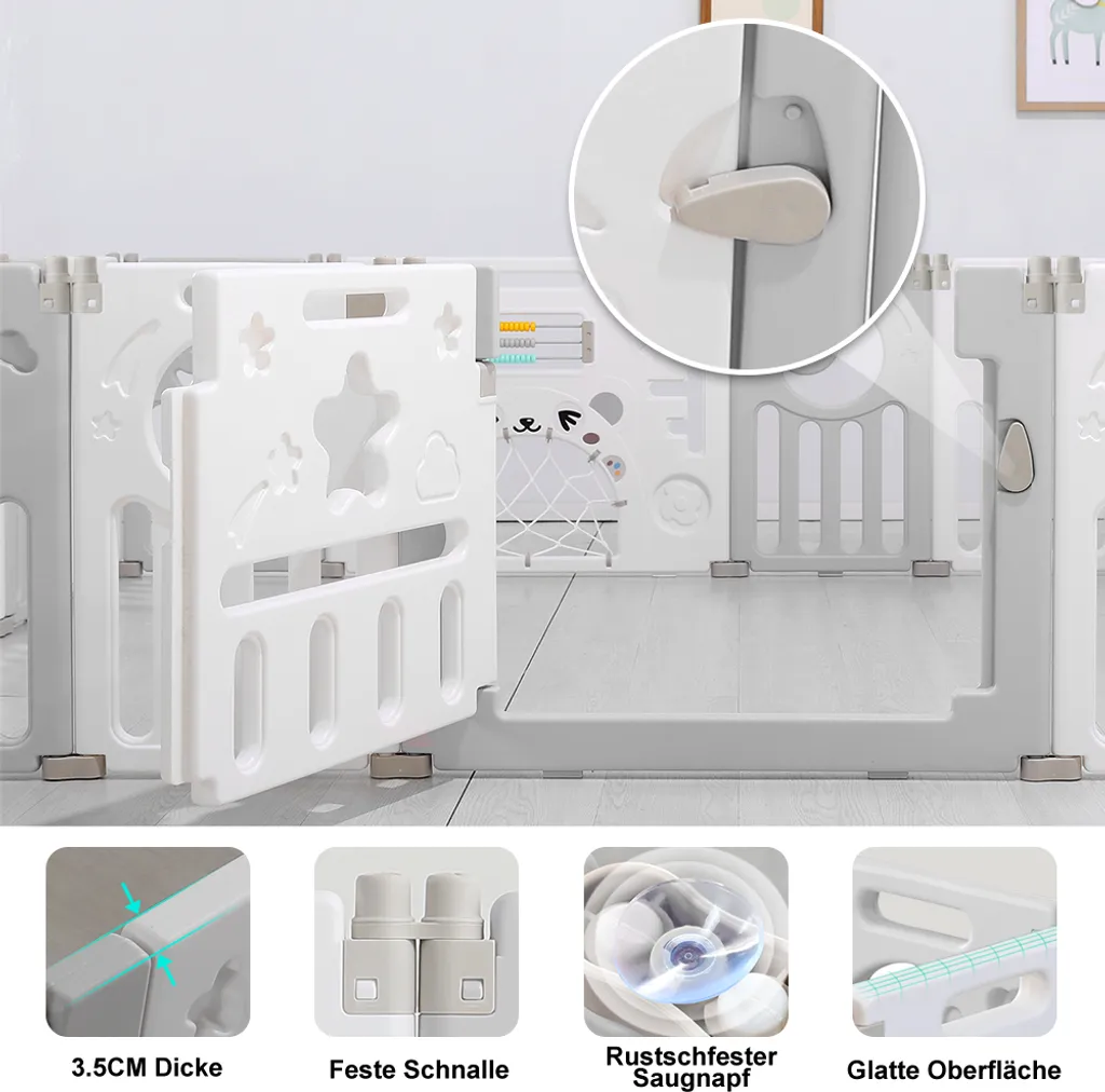 Dripex Laufgitter Laufstall Baby Absperrgitter 14-Paneele Schutzgitter Krabbelgitter Für Kinder Aus Kunststoff Mit Tür Und Spielzeugboard-Grau-Weiß 4 Dripex Laufgitter Laufstall Baby Absperrgitter 14-Paneele Schutzgitter Krabbelgitter Für Kinder Aus Kunststoff Mit Tür Und Spielzeugboard-Grau-Weiß – Bild 4