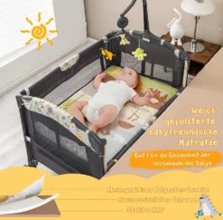 COSTWAY 4 In 1 Klappbares Reisebett & Beistellbett & Wickeltisch & Laufstall Rollbar, 2 Ebenen Babybett Inkl. Spielbogen, Matratze, Wickelauflage, Windelaufbewahrung Und Spieluhr (Hellgrau) -Babyfreude Deutschland Verkaufs-Shop 7f7b02db320356daf38b869c3c6b145f