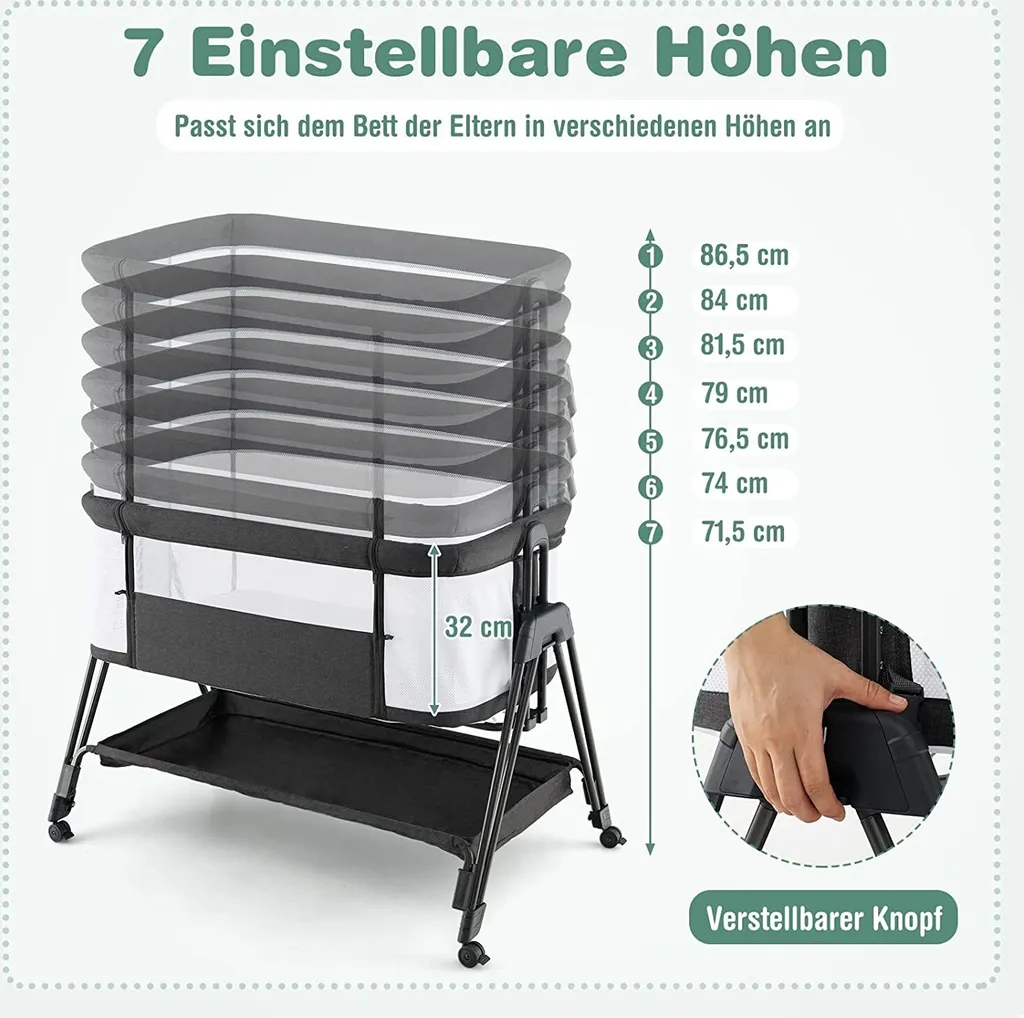 COSTWAY 2 In 1 Beistellbett & Stubenwagen Klappbar, Tragbare Babybett Mit 7 Verstellbaren Höhen & Matratze & Tragetasche & Gurte, Verstellbare Reisebett Für Neugeborene Bis 6 Monate (Dunkelgrau) 3 COSTWAY 2 In 1 Beistellbett & Stubenwagen Klappbar, Tragbare Babybett Mit 7 Verstellbaren Höhen & Matratze & Tragetasche & Gurte, Verstellbare Reisebett Für Neugeborene Bis 6 Monate (Dunkelgrau) – Bild 3