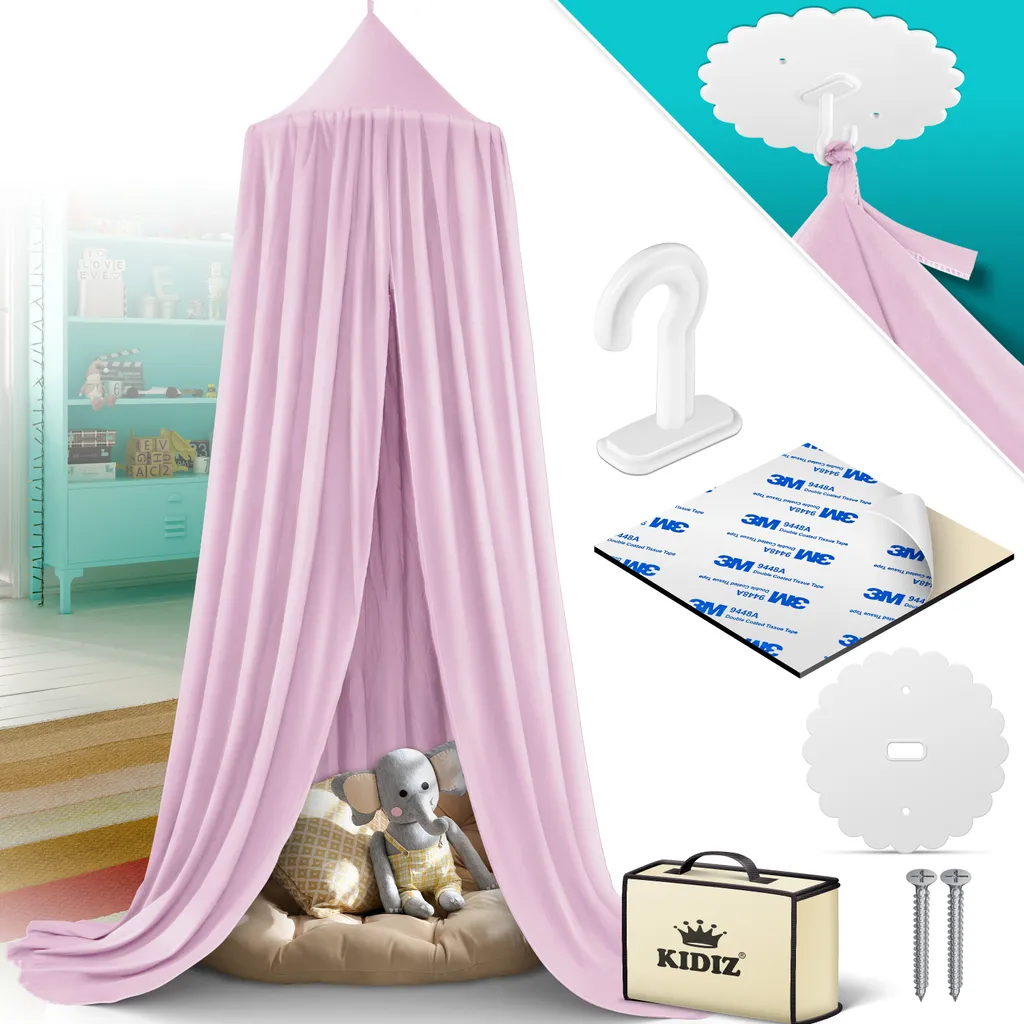 KIDIZ® Baldachin Kinderzimmer Betthimmel Babybett Für Schlafzimmer Inkl. Aufbewahrungstasche | Ohne Bohren | Saumlänge Ca. 270cm | Moskitonetz Insektenschutz Kinder Spielzelte, Farbe:Rosa 2 KIDIZ® Baldachin Kinderzimmer Betthimmel Babybett Für Schlafzimmer Inkl. Aufbewahrungstasche | Ohne Bohren | Saumlänge Ca. 270cm | Moskitonetz Insektenschutz Kinder Spielzelte, Farbe:Rosa – Bild 2