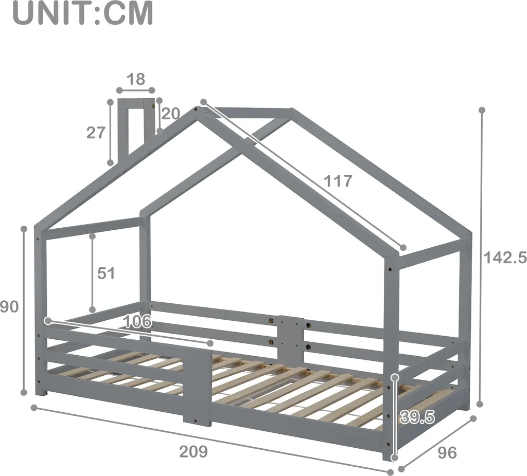 Merax Kinderbett 90 X 200 Cm Hausbett Mit Rausfallschutz Und Schornstein, Robuste Lattenroste, Kinderbetten Aus Kiefernholz, Grau 8 Merax Kinderbett 90 X 200 Cm Hausbett Mit Rausfallschutz Und Schornstein, Robuste Lattenroste, Kinderbetten Aus Kiefernholz, Grau – Bild 8