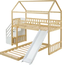 Merax Etagenbett 90x200cm Kinderbett Mit Rutsche, Treppe Mit Stauraum, Fallschutz Und Handlauf, Hausbett Aus Massivholz In Natur Und Weiß, 2 Einzelbetten Stockbett Für Kinderzimmer -Babyfreude Deutschland Verkaufs-Shop 881ab682b5621957de50112a0ef6c4e8