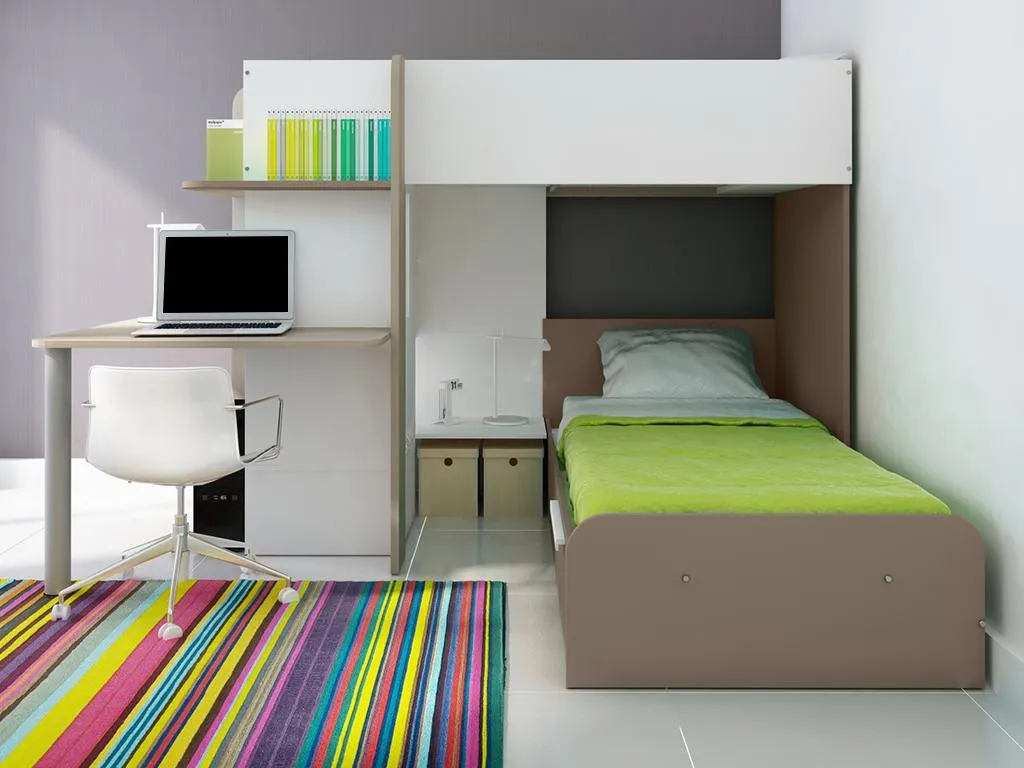 Hochbett 2x 90 X 190 Cm Mit Schreibtisch + Bettboden - Weiß, Naturfarben & Braun - SAMUEL 3 Hochbett 2x 90 X 190 Cm Mit Schreibtisch + Bettboden - Weiß, Naturfarben & Braun - SAMUEL – Bild 3