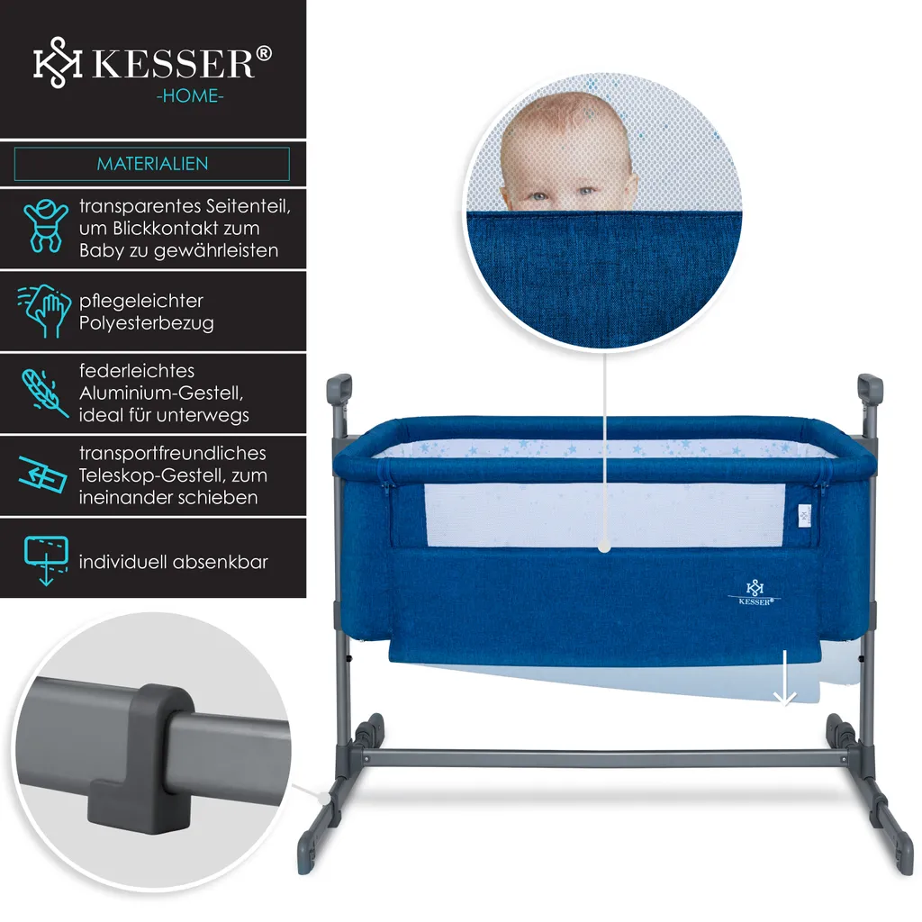 KESSER® Zustellbett Hubi 3in1 Baby Beistellbett Reisebett Babybett Mit Weich Matratze, Mit Rollen Kinderbett, 5-fach Höhenverstellung, Faltbare Seitenwand Für Zu Hause Und Unterwegs, Farbe:Blau 3 KESSER® Zustellbett Hubi 3in1 Baby Beistellbett Reisebett Babybett Mit Weich Matratze, Mit Rollen Kinderbett, 5-fach Höhenverstellung, Faltbare Seitenwand Für Zu Hause Und Unterwegs, Farbe:Blau – Bild 3