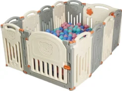COSTWAY Laufgitter Laufstall Baby, Absperrgitter Aus Kunststoff, Krabbelgitter Faltbar, Spielzaun Fuer Kinder, Schutzgitter Mit Tuer Und Spielzeugboard